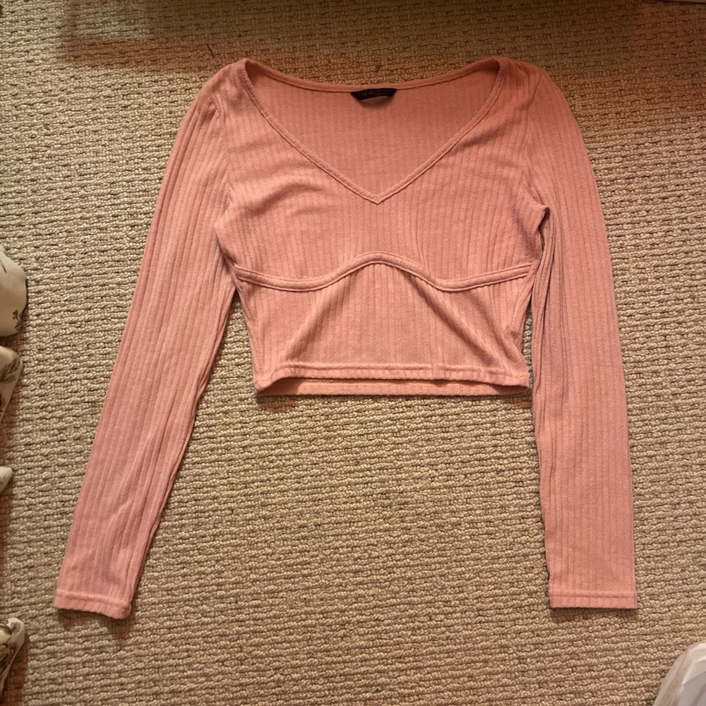 SHEIN Pink Cuffed Sleeve Ribbed Crop Blouse